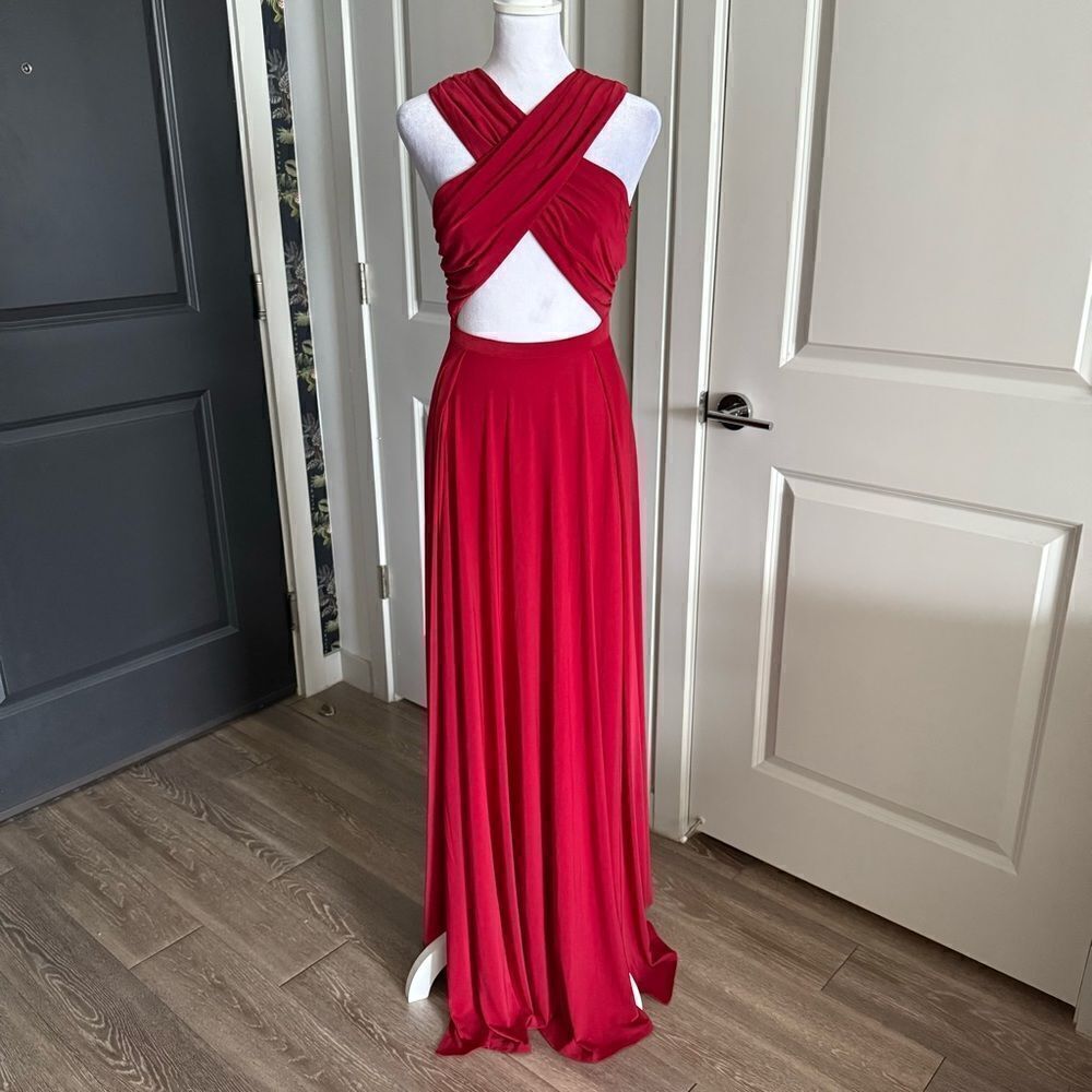 ABYSS By Abby Red Crossed Neckline Cut Out Maxi Formal Gown Size S